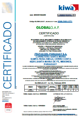 Click to download the Frutas del Paraguay GlobalG.A.P. certificate